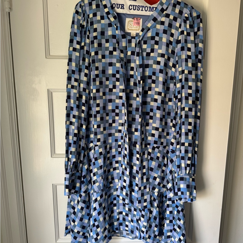 Sail to Sable Blue Checkered Long Sleeve Dress